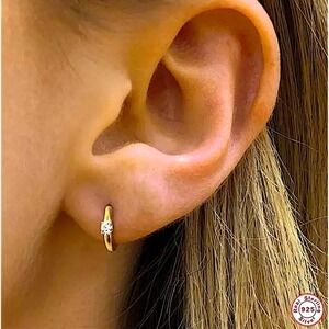 925 Sterling Gold-Plated Tiny Hoop Earrings with Clear Crystal - Women Jewelry